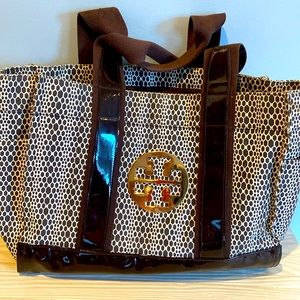 Tory Burch Brown and White Animal Print Canvas and Patent leather Tote